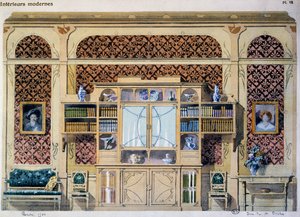 Biblioteca estilo art nouveau, ilustração da revista Interieurs Modernes (Interiores Modernos) de French School