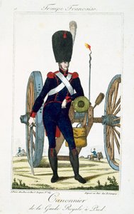 Artilheiro da Guarda Real com um canhão, de Troupes Francaises, pub. Chez Basset, Paris, c.1790 de French School