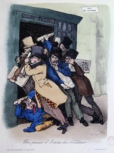 Artistas sitiando a porta da Editora, c.1830 (cor litho) de French School