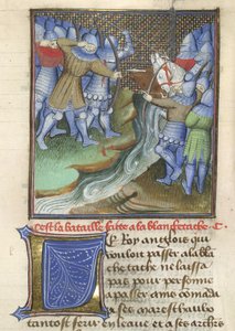 Arundel 67, f.144, soldados medievais lutando, através de um rio, de Chroniques d