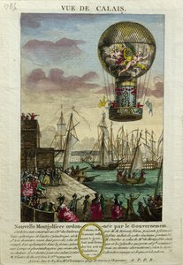 Subida de um balão de ar quente Mongolfiere em Calais em 1785 de French School