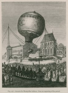 Subida de um Balão Montgolfier; de gravuras do período de French School