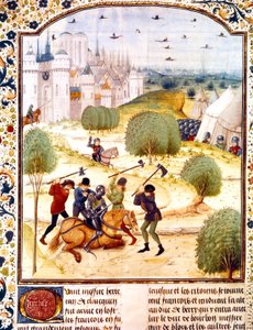 Assassinato de um cavaleiro inglês fora de Paris em 1437 (100 anos de guerra) Iluminação de Chronicles of England escrita por Jean de Wavrin de French School