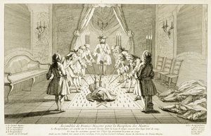 Assembléia dos Maçons Livres para a Iniciação de um Mestre, das Cerimônias da Religião e Costumes, c.1733 de French School