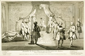 Assembléia dos Maçons Livres para a Iniciação de um Mestre, a entrada do candidato à Loja, das Cerimônias da Religião e Costumes, c.1733 de French School
