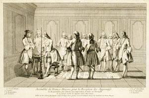 Assembléia dos Maçons Livres para Iniciar um Aprendiz, das Cerimônias da Religião e Costumes, c.1733 de French School