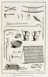 Variedade de ferramentas de jardinagem, da enciclopédia de Ciências e Metiers por Denis Diderot (1713-84) publicado c.1770 de French School