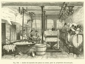 Oficina de curtimento de couro com sumac, para a preparação de artigos de couro (gravura) de French School