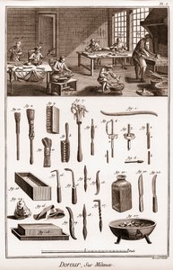 Workshop de um dourado sobre metais - "The Grande Encyclopedie, ou Dictionnaire Raisonne des Sciences, des Arts et des Metiers" (Enciclopédia ou Dicionário das Ciências, Artes e Profissões) por Denis Diderot (1713-1784) e Jean d