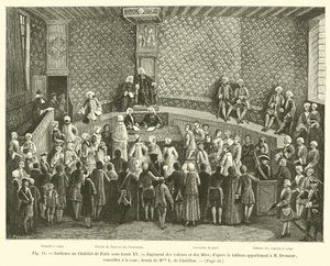 Audiência no Chatelet de Paris sob Luís XV, Julgamento de ladrões e meninas; depois da foto pertencente a M. Desmaze, conselheiro na corte; desenho de Mme L de Chatillon de French School