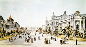Avenida Nicholas II mostrando o Grand Palais e o Petit Palais durante a Exposição Universelle em Paris, ilustração da 