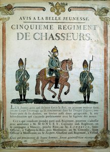 Avis à la Belle Jeunesse, cartaz de recrutamento para o 5º Regimento de Caçadores do século XVIII. Paris, Musee de l