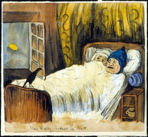 Mau auspicioso: uma visita à noite (um casal a olhar para um corvo). de French School