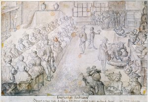 Banquete no Torneio Sandricourt em 1493 (tinta marrom e lápis sobre papel) de French School