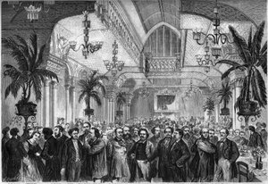 Banquete do jornal "Le Figaro", oferecido em 6 de fevereiro de 1864 no salão do Restaurante du Passage des Princes em Paris, com a presença de jornalistas, escritores, artistas... Presente, da esquerda para a direita: Nestor Roqueplan, Mme. Ugalde, de Mont de French School