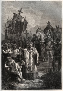 Batismo do líder saxão pagão Widukind sob a pressão do imperador Carlos Magno - Carlos Magno impõe o batismo aos saxões - Conversão de Widukind ou Witikind perante Carlos Magno em 785 - gravura de "L