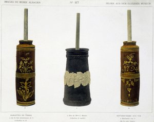 Barattes (para o fabrico de manteiga) em barro trabalhado conservado no Museu Alsaciano, v.1800 de French School