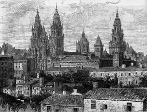 Arte barroca: vista da Catedral de Santiago de Compostela. Espanha. Gravura em "Le Monde Illustré" n°1220 de 14 de Agosto de 1880. de French School