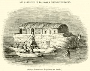 Barco de comerciante de peixe, na Rússia (gravura) de French School