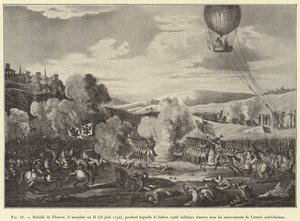 Batalha de Fleurus, 8 messidor ano II (26 de Junho de 1794), durante a qual o balão militar cativo observa todos os movimentos do exército austríaco (gravura) de French School