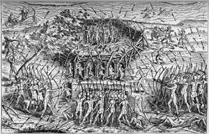 Batalha entre o exército francês de Samuel de Champlain (cerca de 1567-1635) e os Iroquois. Canadá, início do século XVII. Gravura em "La Marine et les colonies: commerce" (A Marinha e as colônias: comércio) de French School