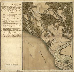 Batalha de Green Spring, Mapa do terreno na margem esquerda do rio James, em frente a Jamestown, na Virgínia, onde teve lugar a batalha de 6 de julho de French School