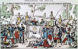 Batalha de Sedan, em 1870. O antigo Imperador Napoleão III é apanhado em Sedan e entrega aos prussianos um exército francês de 80.000 homens, imagem de uma espinha dorsal. de French School