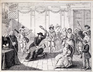 Beaumarchais a ser chicoteado em Saint Lazare - cena de um processo de Beaumarchais, segurando na mão a brochura da Folle journee - de um quadro da Comedie Francaise, gravura de French School