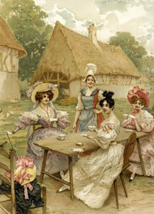 Mulheres ricas bonitas que tomam o chá em uma exploração agrícola. de French School