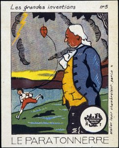 Benjamin Franklin, político e físico americano (1706-1790) e o pára-raios (a experiência do papagaio) - Label, Deb. Século XX de French School