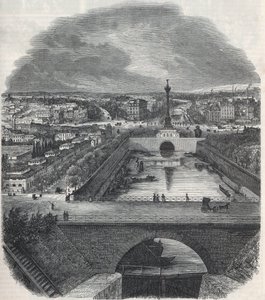 Vista aérea do Canal Saint-Martin (Saint Martin), do Lugar e do bairro da Bastilha, da margem direita do Sena - Gravura em "Tableau-de-Paris" de Edmond Texier 1852 de French School
