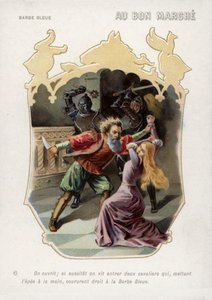 A esposa de Bluebeard é salva da morte às mãos do marido pela chegada dos irmãos (chromolitho) de French School