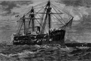 Barco atacado por torpedeiros (século XIX). Gravura após a pintura de Pierre Emile de Crisenoy (século XIX) em "The Illustrous World" n°1220 de 14 de agosto de French School