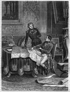 Bonaparte (1769-1821) indicando ao General Jean Joseph Dessolles (Jean-Joseph Dessoles) (1767-1828) um plano de campanha para a Armee do Reno, março de 1800 - Gravura de 1865 no "Histoire du Consulate et de l