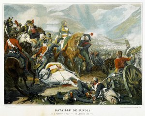 Bonaparte (centro), após sua vitória sobre os austríacos na Batalha de Rivoli (Itália), em 14 de janeiro de French School