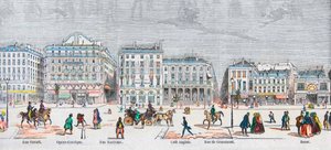 Boulevard des Italians cote sud - Rue Favart - Opera comique - Rue Marivaux - Café Anglais - Rue Grammont - Bazar - Gravura em "Tableau-de-Paris" de Edmond Texier 1852 de French School