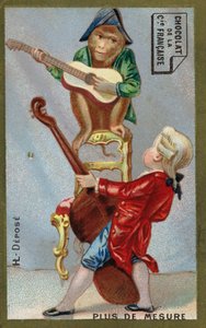 Rapaz e macaco tocando instrumentos musicais juntos (chromolitho) de French School