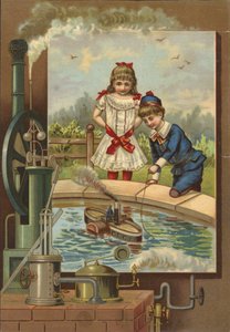 Menino, demonstrar, brinquedo, barco vapor, para, menina de French School