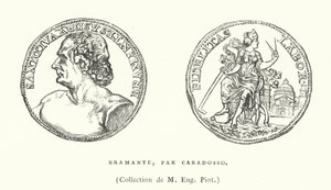 Medalha de bronze retrato do arquiteto italiano renascentista Donato Bramante de Caradosso, c1506 (gravura) de French School