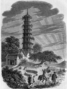 Arquitectura budista: vista exterior do Pagode Octogonal na Ilha de Whampoa, China de French School