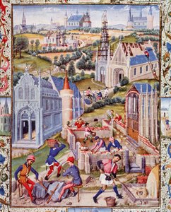 Canteiros de obras em Saint Denis (Cidade) para a construção de 12 igrejas em honra dos 12 apotres. Miniatura extraída da "Vida do Três Nobre Conde Gerard de Roussillon" de French School