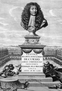 Busto de Luís XIV, o Grande (1638-1715) - em "Festiva ad Capita Cancellumque Decursio, A Rege Ludovico XIV... ", C. Perrault, Paris Imprimerie Royale de French School