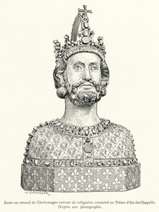 Busto dourado de Carlos Magno como um relicário, guardado no Aachen Tresor (gravura) de French School