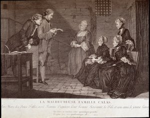 O caso Calas: A infeliz família de Jean Calas (falecido em 1762): a mãe, as duas filhas, com Jeanne Viguiere, a sua boa criada, o filho e o seu amigo, v.1762. de French School