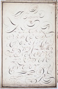 Caligrafia: Placa de letras maiúsculas, chamada de "grandes batardes", caligrafada em 5 de abril de French School