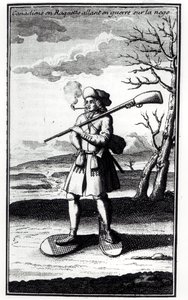 Canadense com raquetes de neve indo para a guerra na neve, de Histoire de lAmerique septentrionale por Bacqueville de La Potherie (1663-1736) publicado em 1753 de French School