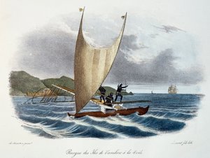 Canoagem com vela das Ilhas Vanikoro, Ilhas Salomão (arquipélago), gravura colorida da Viagem de descoberta do Astrolábio realizada por ordem do rei, durante os anos 1826-1829, por Jules-Sebastien-Cesar Dumont d