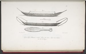 [Canoas, e um clube da Ilha de Páscoa], de viagens pitorescas ao redor do mundo, com retratos de selvagens na América, Ásia, África e as ilhas do grande oceano; paisagens, vistas para o mar e vários objetos de história natural; acomodação de French School