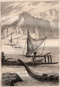 Canoas das Ilhas Marquesas - ilustração retirada de "Os Grandes Marinheiros do Século XVIII". de French School