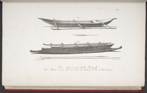 [Canoas das Ilhas Marshall, e uma canoa e armas das Ilhas Cook], da Voyage pittoresque autour du monde, avec des portraits de sauvages d